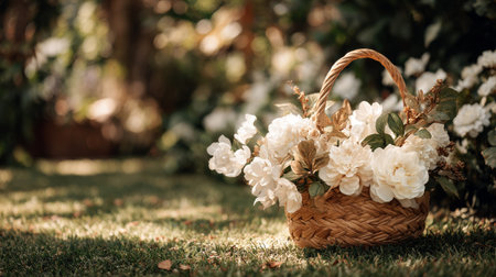 A beautifully crafted woven basket brimming with white flowers rests on lush green grass in a tranquil garden. Sunlight filters through nearby plants, creating serene ambiance.の素材