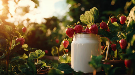 Ripe strawberries rest by a jar of milk above vibrant green leaves in a garden as the sun sets, casting a warm glow over the scene.の素材