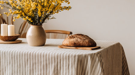 A rustic table displays a loaf of freshly baked bread alongside a vase of yellow flowers and candles, creating a warm and inviting atmosphere perfect for mealtime.の素材