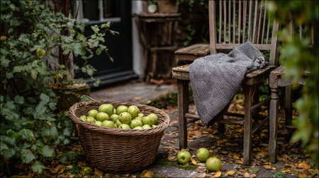 A woven basket filled with ripe green apples sits on a rustic wooden table surrounded by a lush garden. Colorful autumn leaves cover the ground, enhancing the seasonal feel.の素材