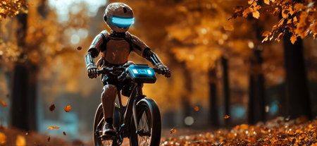 A robot enjoys a leisurely ride on a bicycle through a park adorned with vibrant autumn leaves. The warm glow of evening light creates a serene atmosphere.の素材