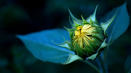 A sunflower bud in a garden reveals its vibrant green hues and intricate details. Soft morning light highlights the delicate structure and surrounding leaves.の素材