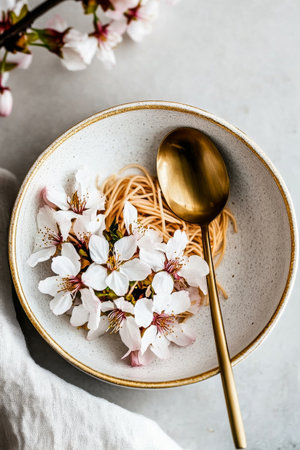A bowl features a cluster of cherry blossoms resting against a swirl of noodles. A golden spoon lies beside the floral arrangement, creating a stylish culinary presentation.の素材