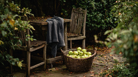 A basket filled with green apples sits on an outdoor table surrounded by wooden chairs, accented by a cozy blanket. Autumn leaves cover the ground in a tranquil setting.の素材