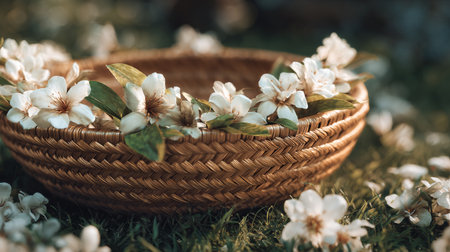 A beautifully woven basket is decorated with delicate white flowers, resting on lush green grass, illuminated by soft golden hour sunlight highlighting the natural setting.の素材