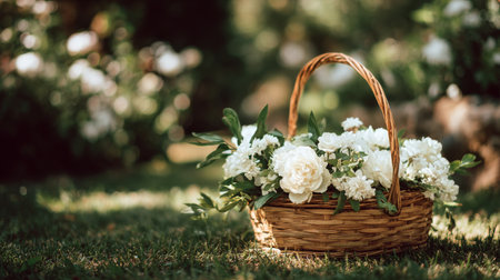 A beautifully crafted woven basket brimming with white flowers rests on lush green grass in a tranquil garden. Sunlight filters through nearby plants, creating serene ambiance.の素材