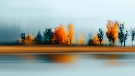 Colorful trees with red and orange leaves stand by a calm lake during early morning. The fog adds a mystical touch to the serene environment.の素材