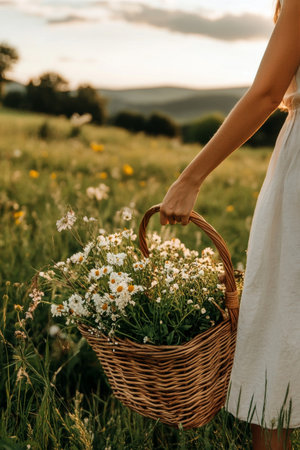 A woman in a light dress stands in a lush green field, holding a wicker basket filled with colorful wildflowers.の素材