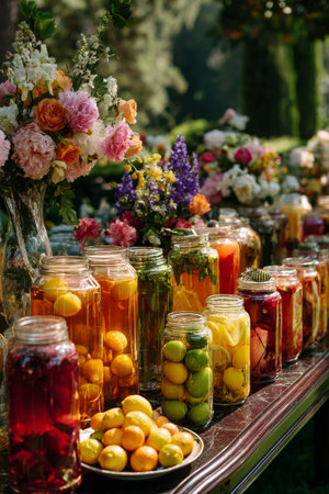 Two elegant glasses filled with sparkling beverage are garnished with strawberries, resting on a silver tray surrounded by vibrant green foliage.の素材