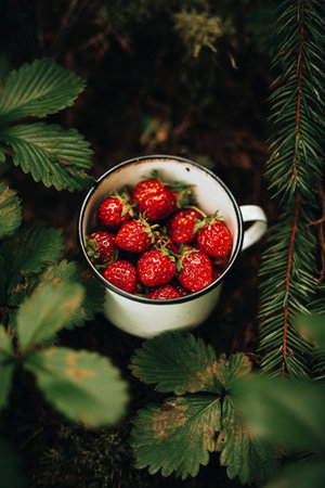 A white cup filled with ripe strawberries sits among lush green plants, showing vibrant red fruit and rich natural textures, inviting a sense of freshness and nature.の素材