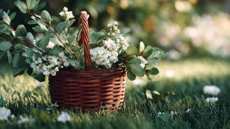 A beautifully woven basket is decorated with delicate white flowers, resting on lush green grass, illuminated by soft golden hour sunlight highlighting the natural setting.の素材