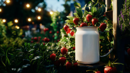 Juicy strawberries are picked from lush green plants in a garden at sunset, with a white jar holding some of the ripe fruits. The warm light enhances the vibrant colors.の素材