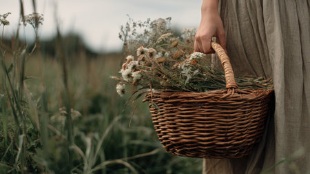 A woman walks through a lush green field, holding a woven basket filled with colorful wildflowers. The soft evening light enhances the serene atmosphere of the scene.の素材