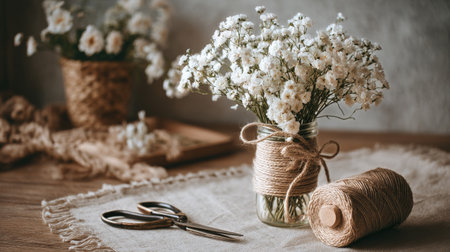 A rustic jar filled with delicate white flowers sits on a wooden table. Nearby, twine and scissors rest, creating a cozy atmosphere perfect for crafting or decorating.の素材