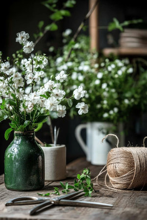 A calming setup features white flowers in green and white vases on a rustic wooden table, accompanied by gardening tools and twine, evoking a peaceful floral atmosphere.の素材