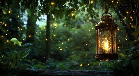 A vintage lantern hangs amidst lush greenery, casting a warm glow in a tranquil forest. Specks of light dance around, enhancing the magical atmosphere at twilight.の素材