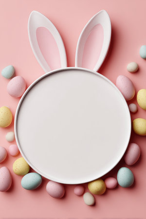 A circular white sign is placed on a pink background, surrounded by various pastel colored candy, including small egg shapes, creating a festive atmosphere for Easter.の素材