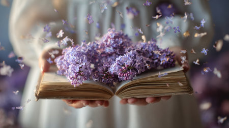 A person cradles an open book filled with vibrant lilacs, surrounded by delicate petals gently floating around in a serene setting.の素材