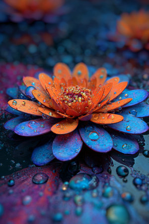 A close-up view of a vibrant water lily with orange petals and blue base, surrounded by raindrops. The calm water reflects rich colors, creating a peaceful atmosphere.の素材