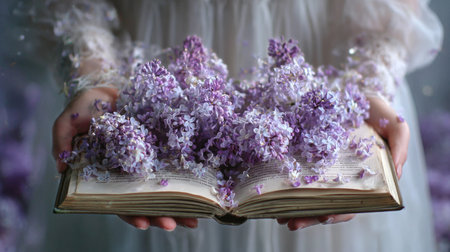 A person cradles an open book filled with vibrant lilacs, surrounded by delicate petals gently floating around in a serene setting.の素材