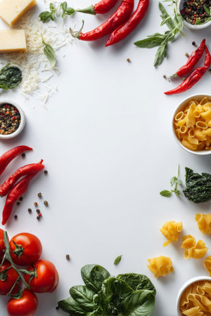 Bright red tomatoes, green herbs, and vibrant chili peppers are artistically arranged on a clean surface, inviting creativity in meal preparation. Fresh ingredients suggest health and flavor.の素材