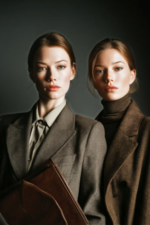 Two confident women stand side by side, showcasing sophisticated business outfits in warm tones. The lighting highlights their features and creates a dramatic atmosphere.の素材