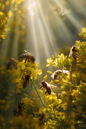 Bright yellow flowers attract busy bees in a forest under soft sunlight. Rays of light illuminate the natural setting, enhancing the beauty of the flowers and insects.の素材