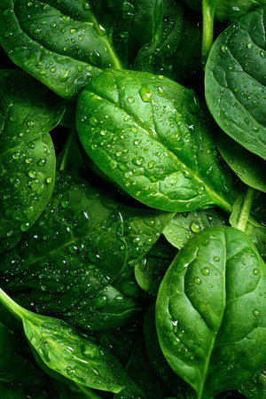 Vibrant green spinach leaves show droplets of moisture, indicating freshness. Captured in natural light, these leaves symbolize healthy eating and natures bounty.の素材