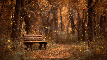 A serene forest pathway showcases a rustic wooden bench amid vibrant autumn foliage. Golden leaves shimmer in the soft light, creating a peaceful atmosphere.の素材