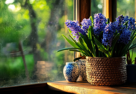 Sunlight highlights vibrant purple flowers in a woven basket on a wooden windowsill, with a blurred green garden backdrop creating a serene atmosphere.の素材