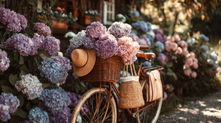 A vintage bicycle sits in a lush garden filled with vibrant hydrangeas, showcasing hues of blue and pink. A straw hat and basket enhance the charming, peaceful atmosphere.の素材
