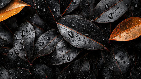 Dark leaves with vivid orange accents are glistening with raindrops, creating a striking contrast. This captures the beauty of nature in a moist environment.の素材