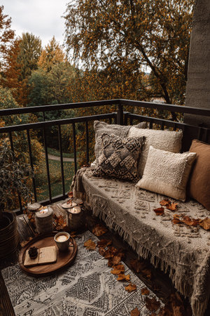 A charming balcony features a knitted pouf, decorative pillows, and a warm drink, surrounded by vibrant autumn foliage, inviting relaxation and enjoyment of the season.の素材