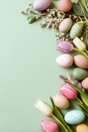 Vibrant spring flowers and decorative Easter eggs are artistically arranged on a soft green background, showing the essence of the season for festive celebrations.の素材