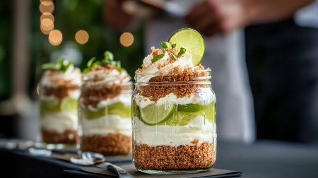 Layers of cream, brown sugar crust, and fresh lime slices create a refreshing dessert served in glass jars amidst lush green foliage on a dark background.の素材