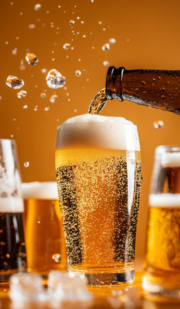 Golden beer is being poured into a glass, creating bubbles and foam. Behind, additional glasses with different beer types are visible against a vibrant orange background.の素材