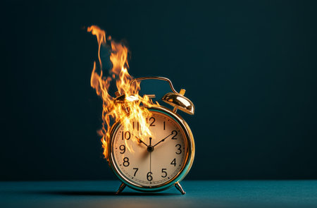 A vintage alarm clock is engulfed in flames, symbolizing urgency and the quick passage of time. The dramatic lighting enhances the contrasting elements of fire and time.の素材