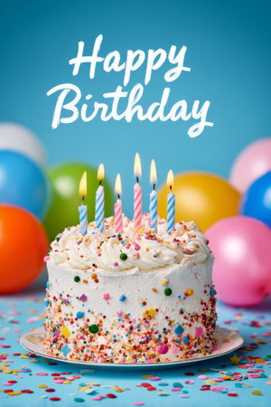 A beautifully decorated birthday cake topped with candles and colorful sprinkles stands out against vibrant balloons and confetti, creating a cheerful celebration atmosphere.の素材