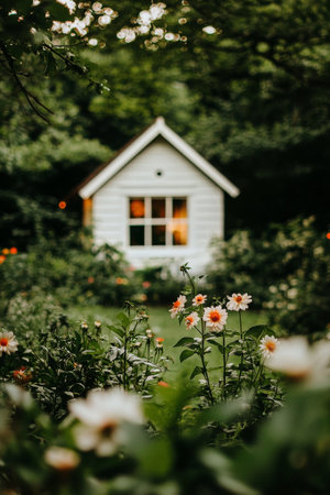 A charming cottage stands illuminated in the evening, surrounded by vibrant flowers and lush greenery, creating a serene atmosphere in the garden.の素材