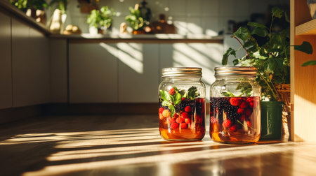 Two glass jars filled with colorful berries and fresh mint sit on a wooden kitchen floor, bathed in warm afternoon light filtering through the window.の素材