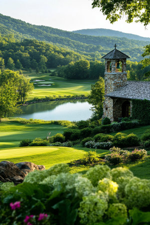 Lush rolling hills surround a tranquil lake reflecting the sunset as a charming stone chapel sits amid vibrant greenery, creating a picturesque natural setting.の素材