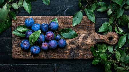 Plums in various shades of blue and purple are laid out on a rustic wooden cutting board surrounded by fresh green leaves, showing the richness of natures bounty.の素材