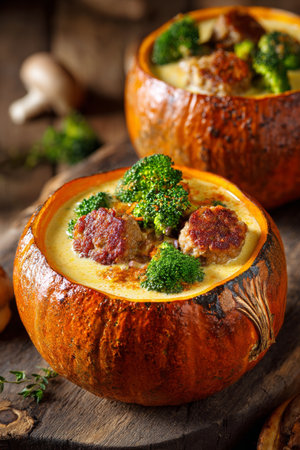Delicious pumpkin soup is artfully presented in hollowed pumpkins, topped with meatballs and fresh broccoli, creating a visually appealing dish perfect for fall gatherings.の素材