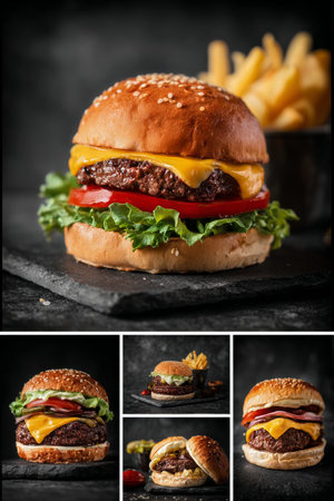 A platter features juicy burgers with cheese, vegetables, and crispy fries set against a dark background, highlighting the deliciousness of the meal.の素材