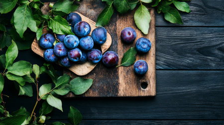 Plums in various shades of blue and purple are laid out on a rustic wooden cutting board surrounded by fresh green leaves, showing the richness of natures bounty.の素材