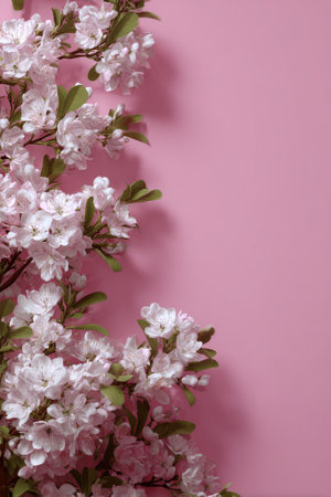 Delicate pink and white blossoms with green leaves are arranged on a soft pink surface, capturing the beauty of spring. The lighting creates gentle shadows, enhancing the floral design.の素材