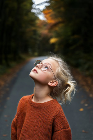 A young girl wearing glasses looks up with wonder while standing on a quiet forest path filled with autumn leaves. The trees create a beautiful backdrop of colors.の素材