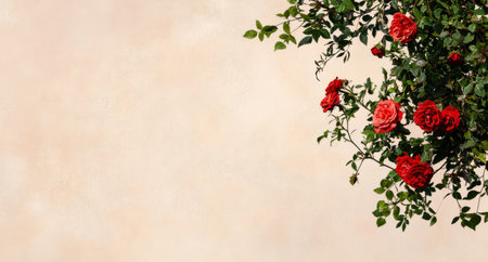 Vibrant red roses bloom abundantly, creating a striking visual against a soft beige backdrop. The natural greenery enhances the serene atmosphere of this tranquil setting.の素材