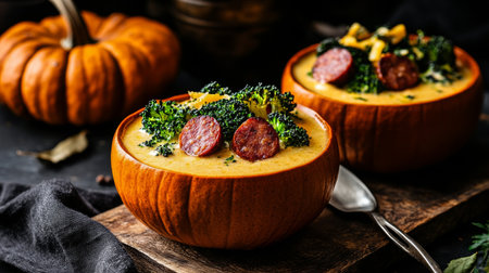 A warm bowl of pumpkin soup sits in a carved pumpkin shell, topped with sausage slices and fresh broccoli, set against an autumn background featuring a pumpkin.の素材