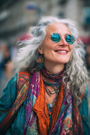 A woman with long gray hair, wearing sunglasses and colorful scarves, walks through a busy urban area while smiling. Her joyful expression reflects the vibrant atmosphere around her.の素材